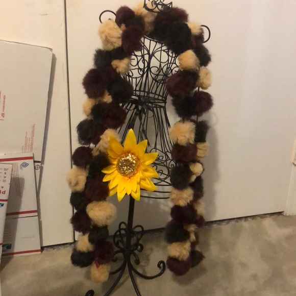 Esprit Accessories - Vintage 100% rabbit fur three- strand pom-poms scarf. Burgundy black and beige.